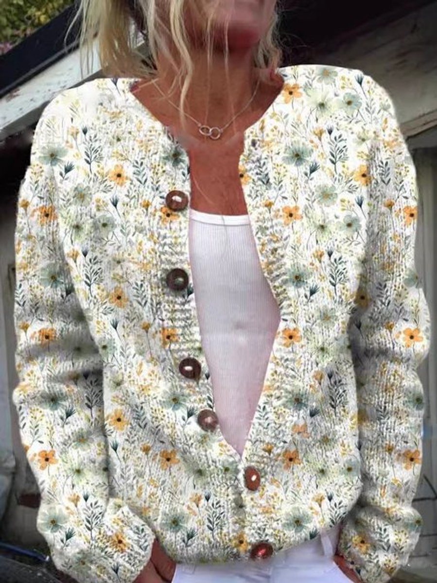 Damen Langarm Strick-Cardigan mit Blumenmuster Romantisch Femininer Look 1