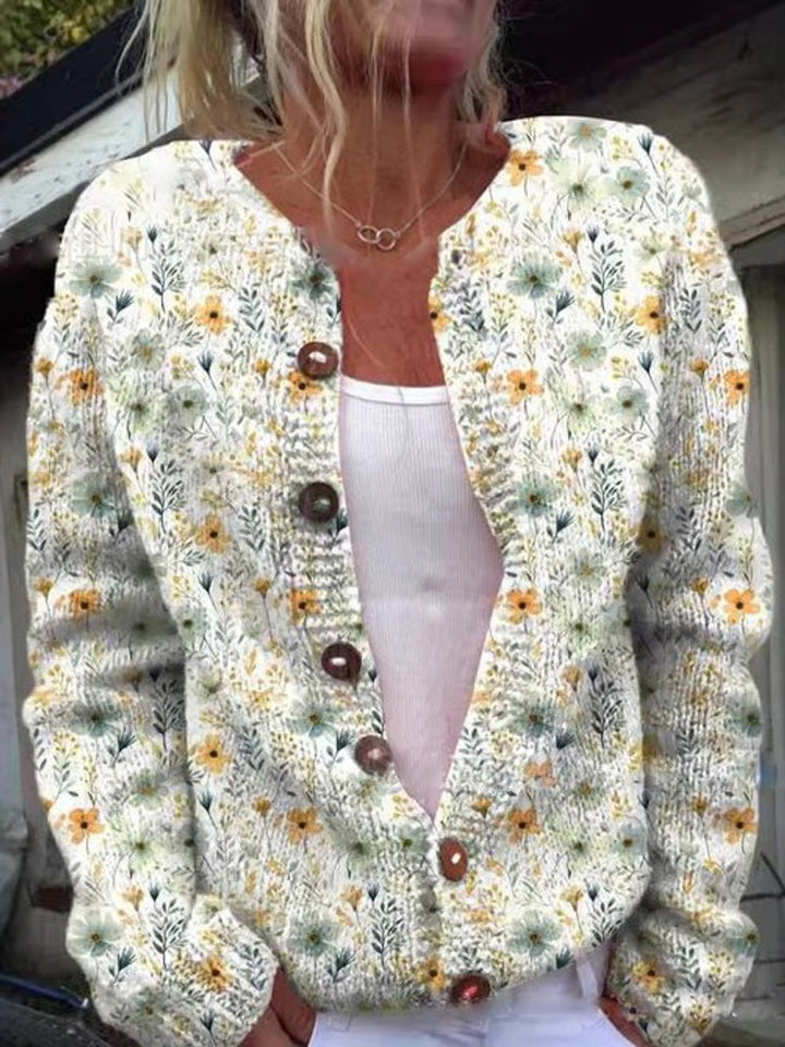 Damen Langarm Strick-Cardigan mit Blumenmuster Romantisch Femininer Look 1