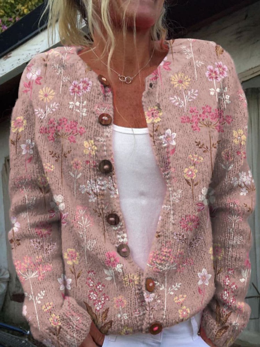 Damen Langarm Strick-Cardigan mit Blumenmuster Romantisch Femininer Look 2