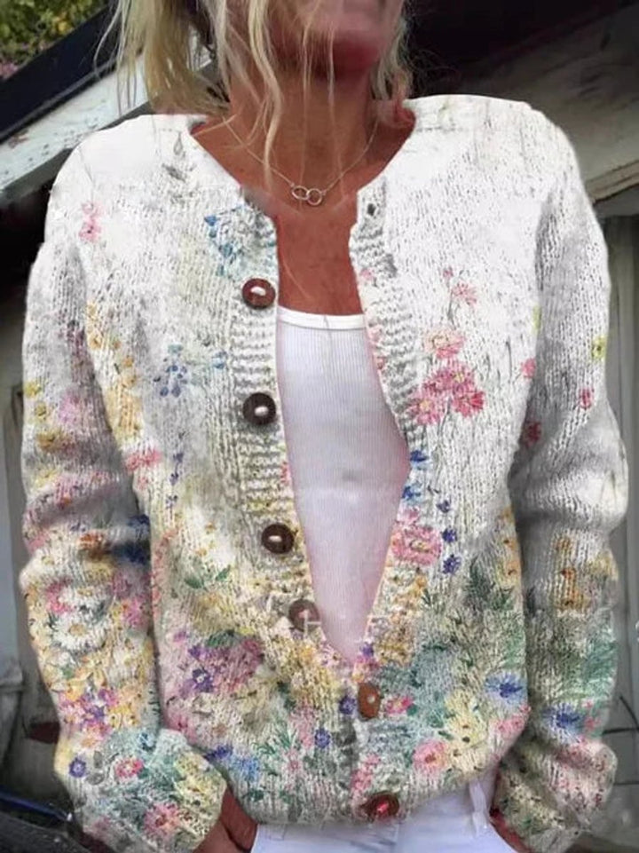 Damen Langarm Strick-Cardigan mit Blumenmuster Romantisch Femininer Look 3