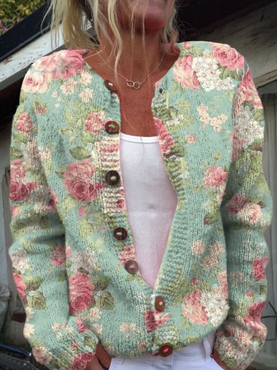 Damen Langarm Strick-Cardigan mit Blumenmuster Romantisch Femininer Look 5