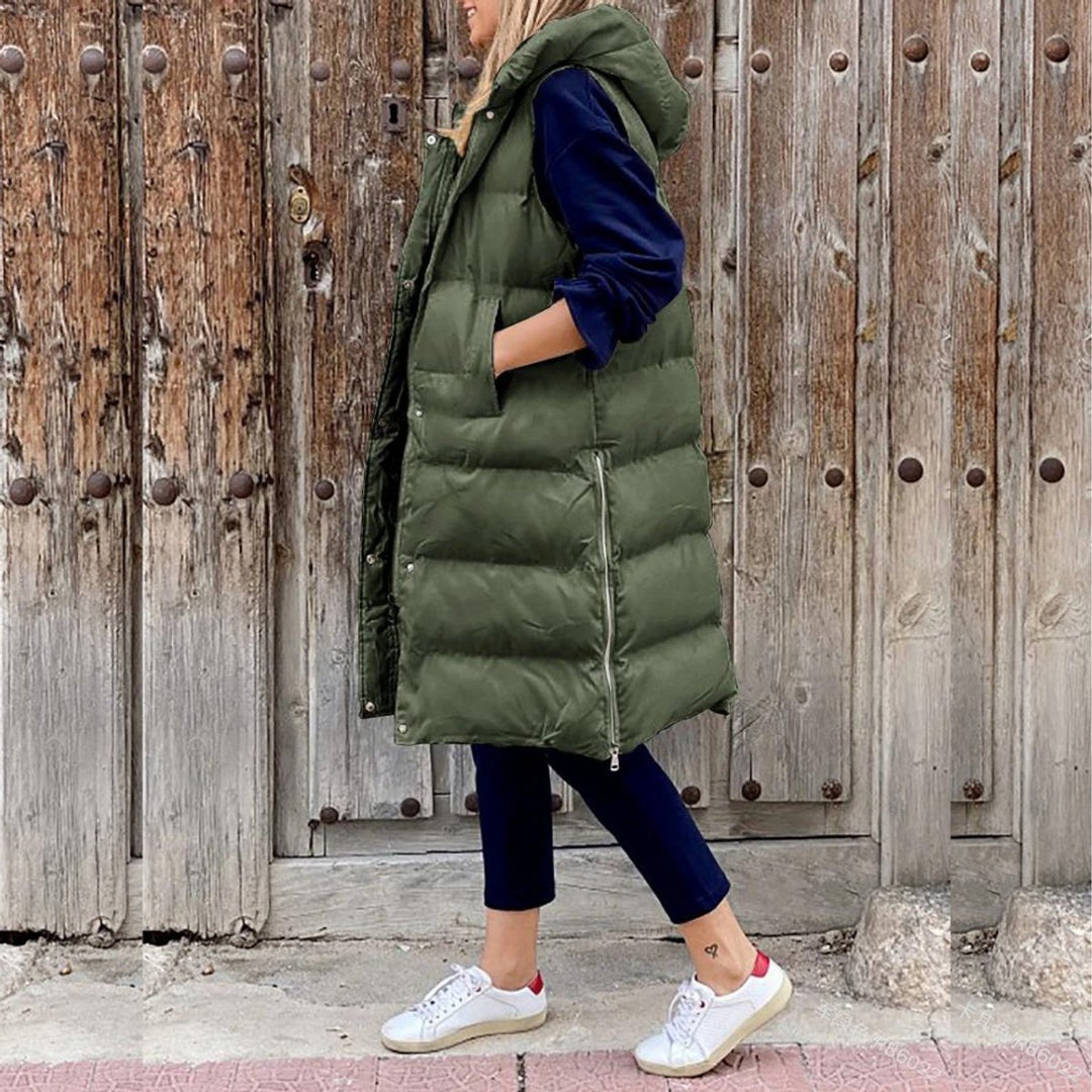 Damen Lange Gesteppte Kapuzenweste Ärmellos Warme Übergangsjacke 0