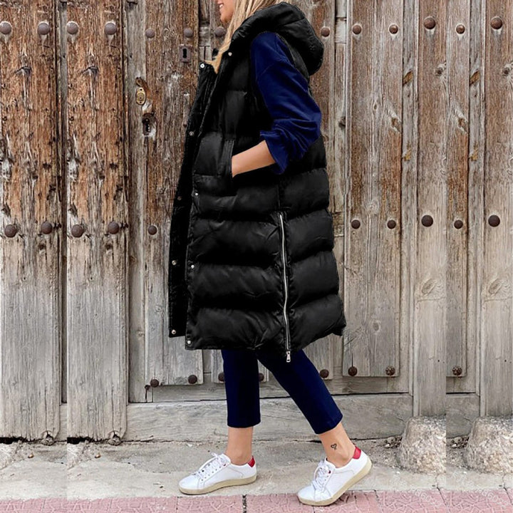 Damen Lange Gesteppte Kapuzenweste Ärmellos Warme Übergangsjacke 2