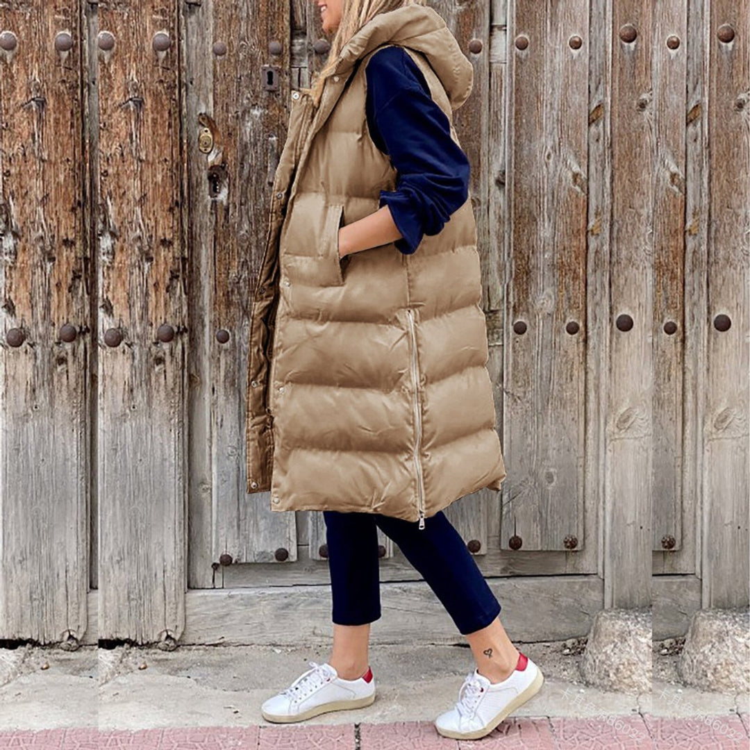 Damen Lange Gesteppte Kapuzenweste Ärmellos Warme Übergangsjacke 3