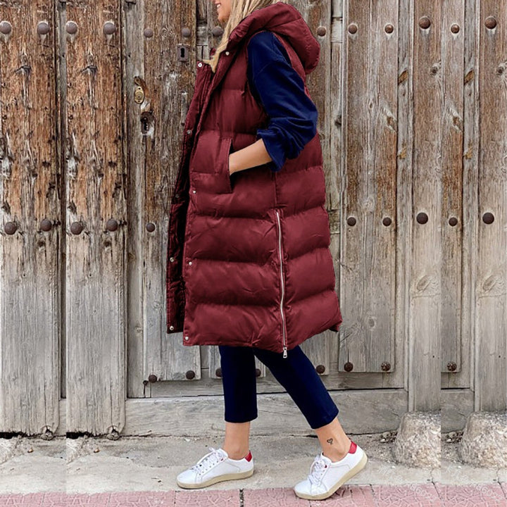 Damen Lange Gesteppte Kapuzenweste Ärmellos Warme Übergangsjacke 4