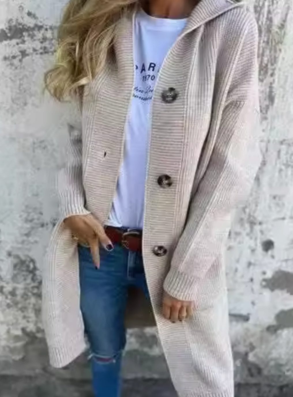 Damen Langer Strickmantel mit Kapuze und Knopfleiste Eleganter Cardigan für Herbst und Übergangszeit 0