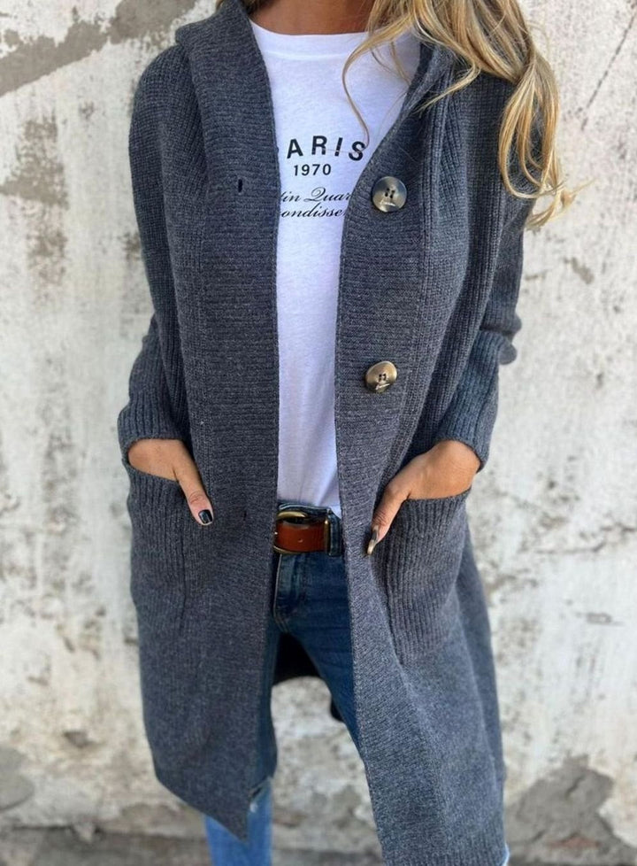 Damen Langer Strickmantel mit Kapuze und Knopfleiste Eleganter Cardigan für Herbst und Übergangszeit 1