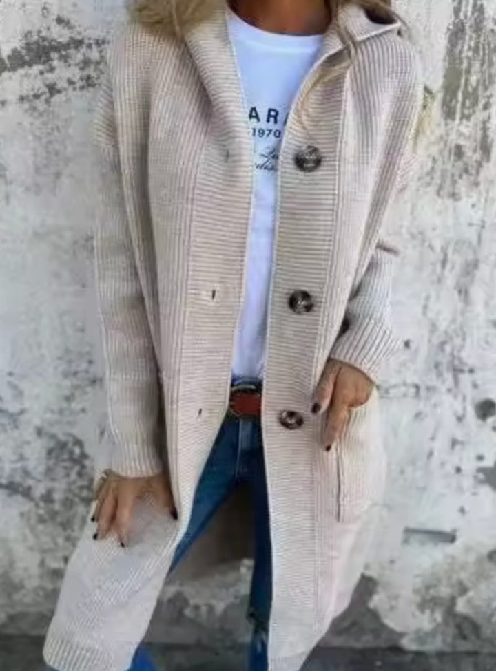 Damen Langer Strickmantel mit Kapuze und Knopfleiste Eleganter Cardigan für Herbst und Übergangszeit 2