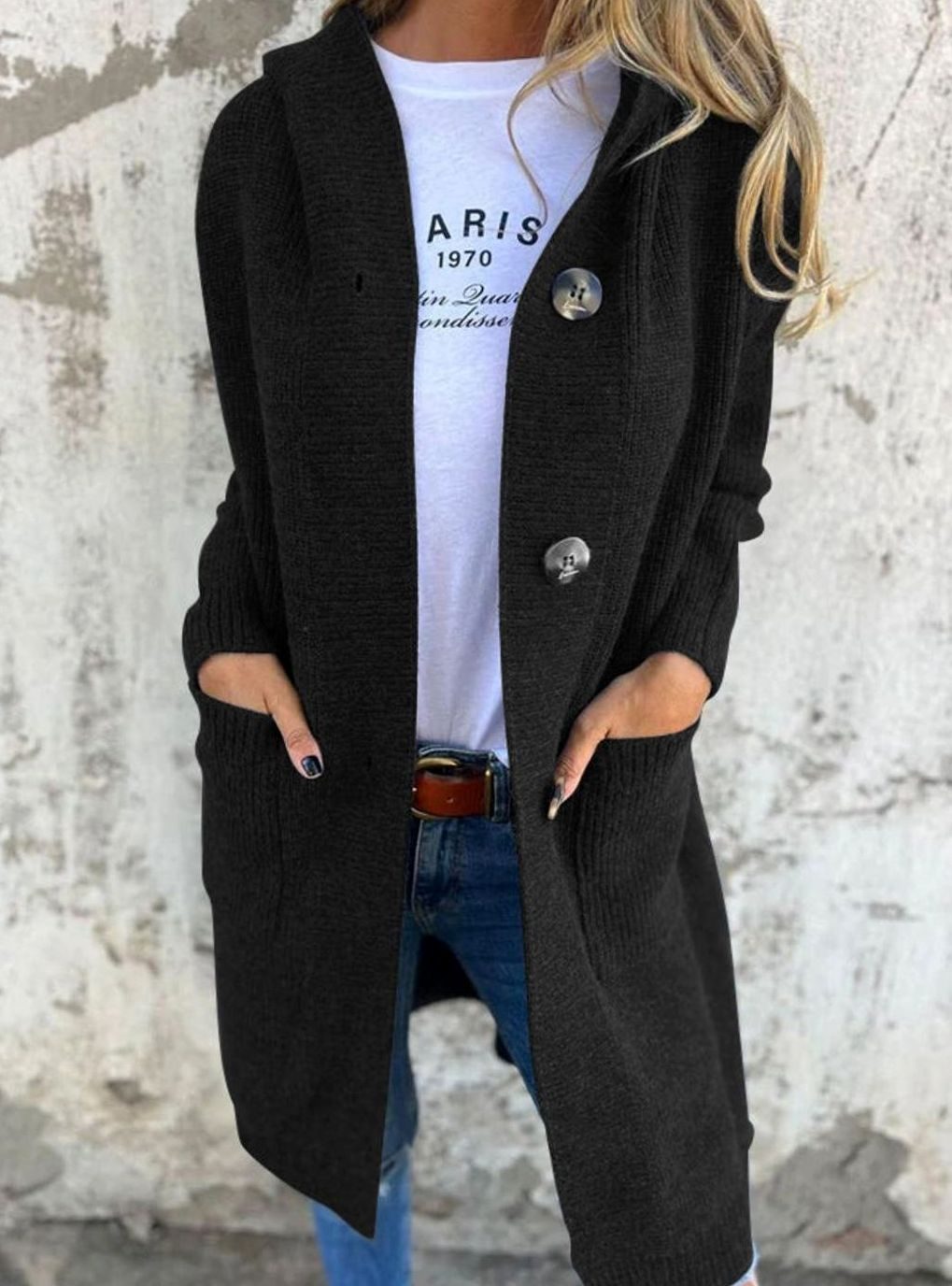 Damen Langer Strickmantel mit Kapuze und Knopfleiste Eleganter Cardigan für Herbst und Übergangszeit 3