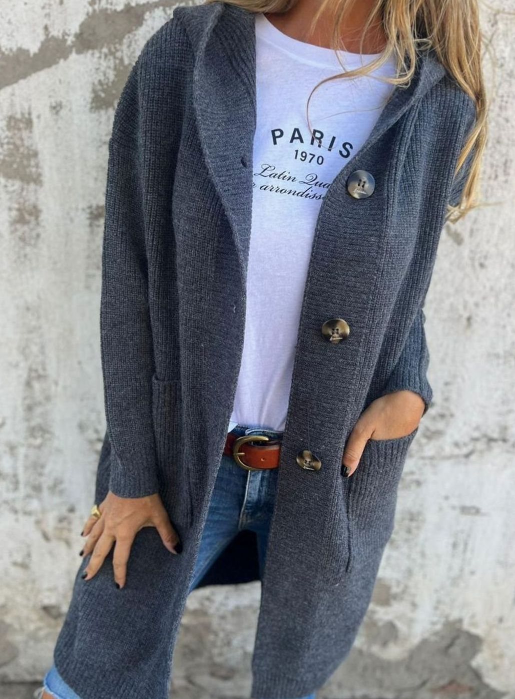 Damen Langer Strickmantel mit Kapuze und Knopfleiste Eleganter Cardigan für Herbst und Übergangszeit 4
