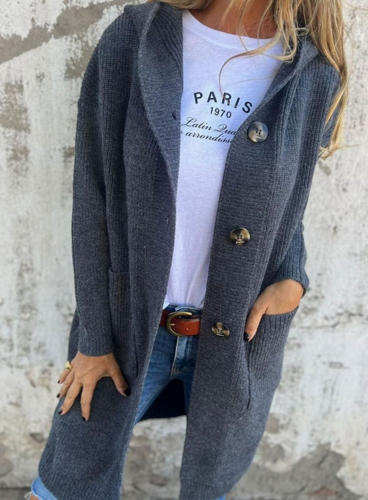 Damen Langer Strickmantel mit Kapuze und Knopfleiste Eleganter Cardigan für Herbst und Übergangszeit 4