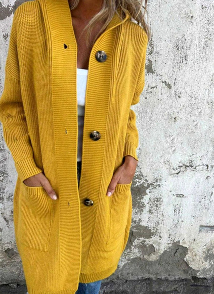 Damen Langer Strickmantel mit Kapuze und Knopfleiste Eleganter Cardigan für Herbst und Übergangszeit 5