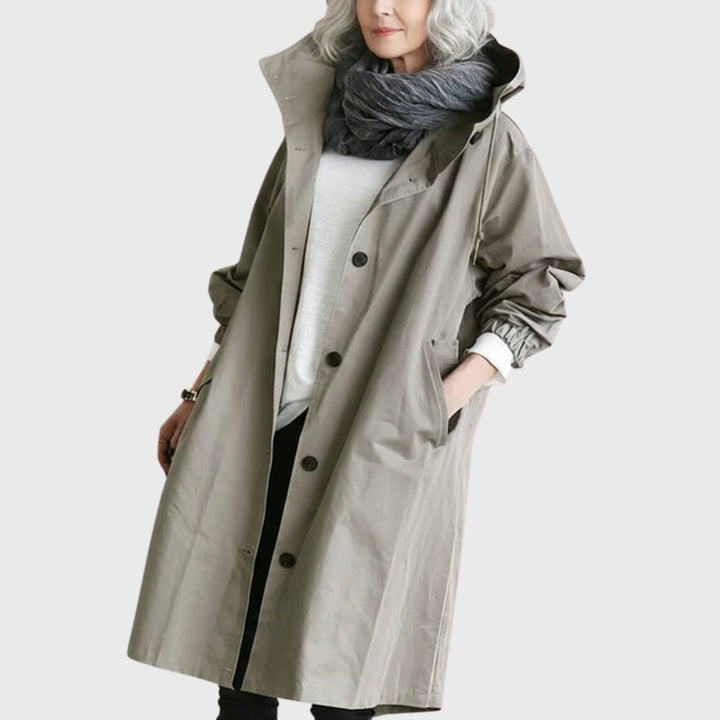 Damen Langer Wasserabweisender Kapuzen-Trenchcoat Weite Passform Eleganter Wetterschutz 0
