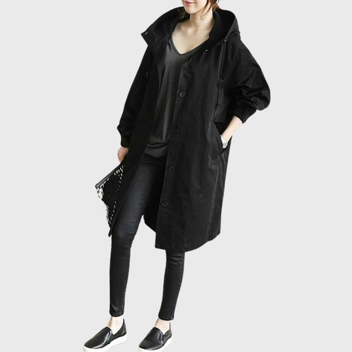 Damen Langer Wasserabweisender Kapuzen-Trenchcoat Weite Passform Eleganter Wetterschutz 1