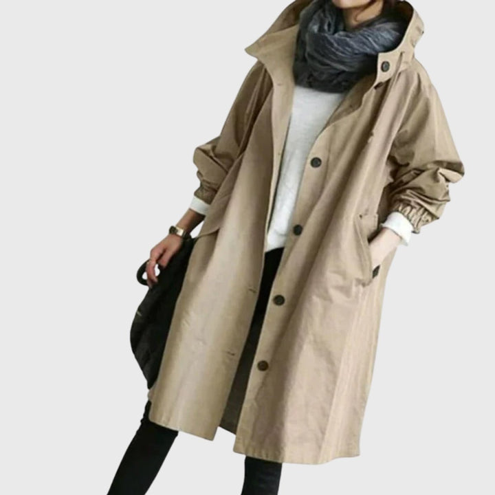 Damen Langer Wasserabweisender Kapuzen-Trenchcoat Weite Passform Eleganter Wetterschutz 3