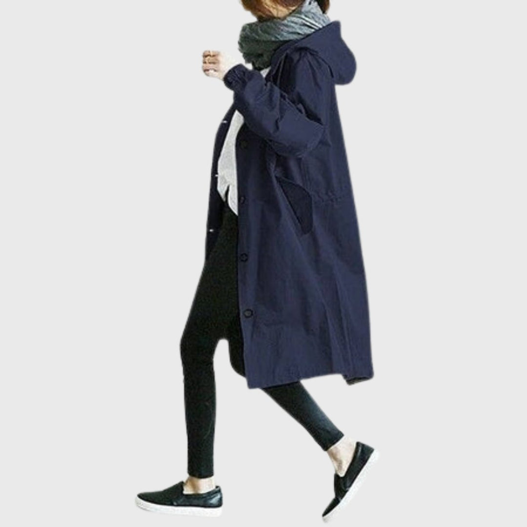 Damen Langer Wasserabweisender Kapuzen-Trenchcoat Weite Passform Eleganter Wetterschutz 4