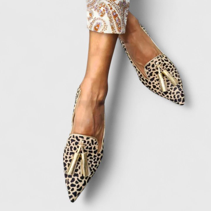 Damen Loafers mit Leopardenmuster und Orthopädischer Arch Support Flache Slipper mit Quasten 1