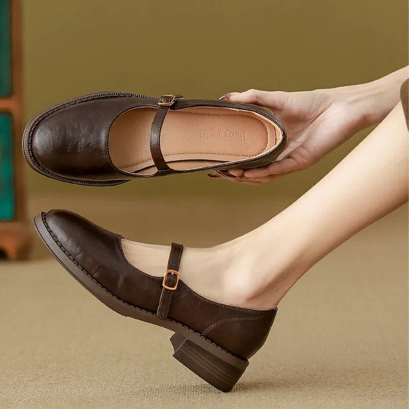 Damen Mary-Jane Ballerinas mit verstellbarem Riemen und niedrigem Blockabsatz elegant 0