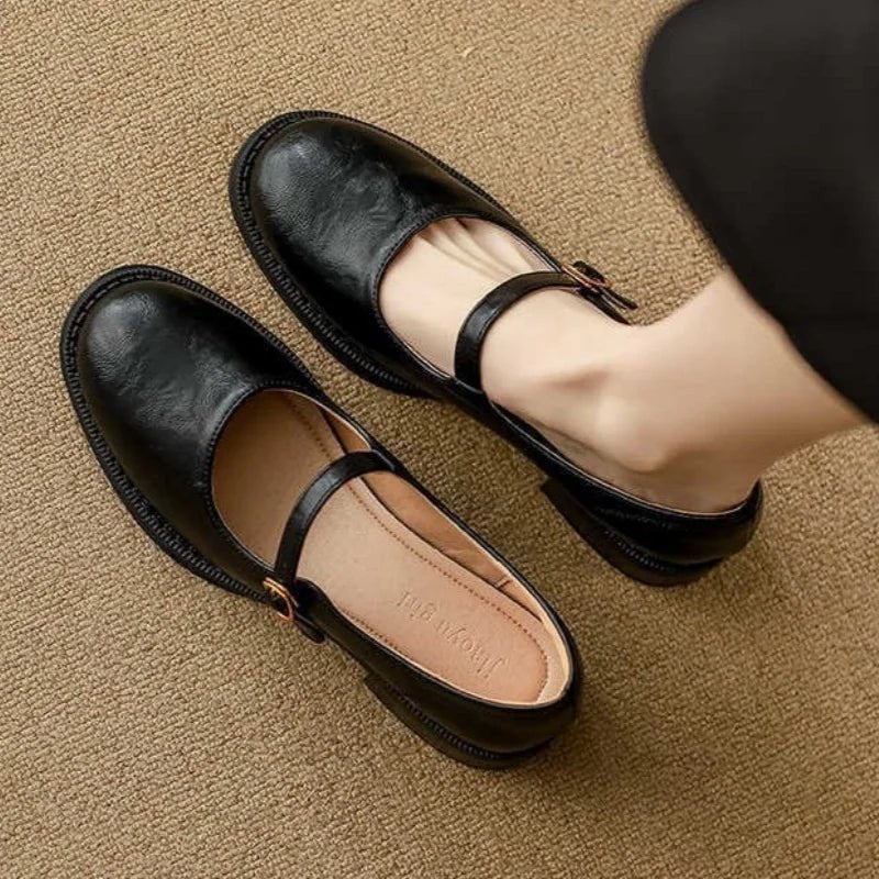 Damen Mary-Jane Ballerinas mit verstellbarem Riemen und niedrigem Blockabsatz elegant 1