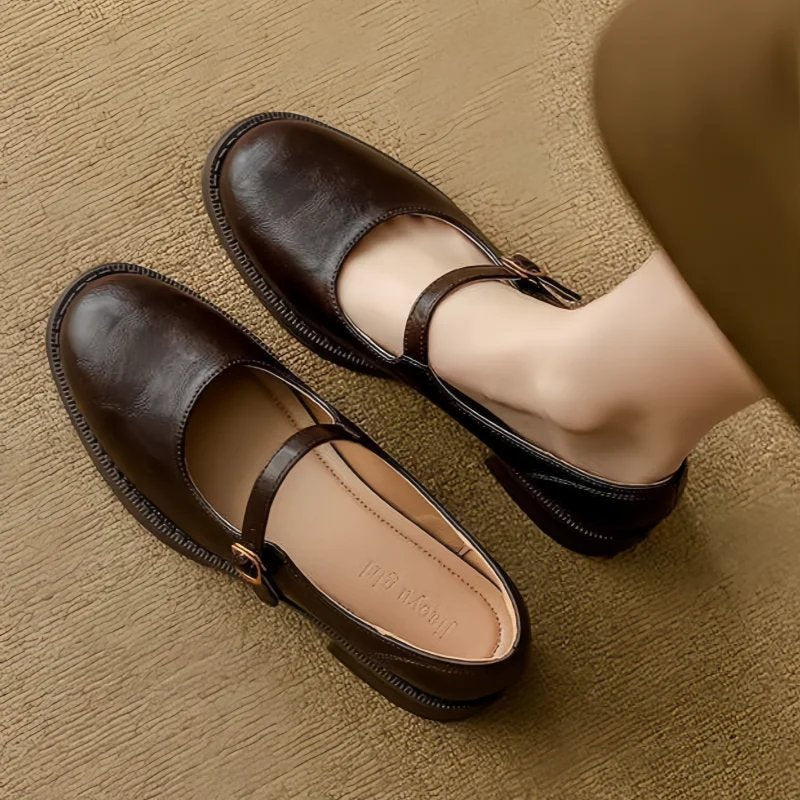 Damen Mary-Jane Ballerinas mit verstellbarem Riemen und niedrigem Blockabsatz elegant 4
