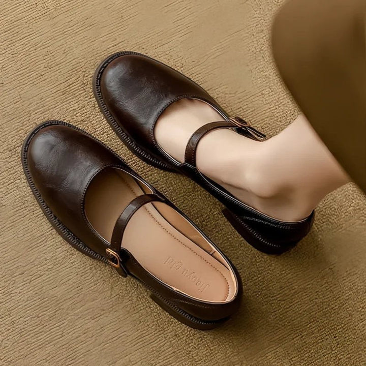 Damen Mary-Jane Ballerinas mit verstellbarem Riemen und niedrigem Blockabsatz elegant 4