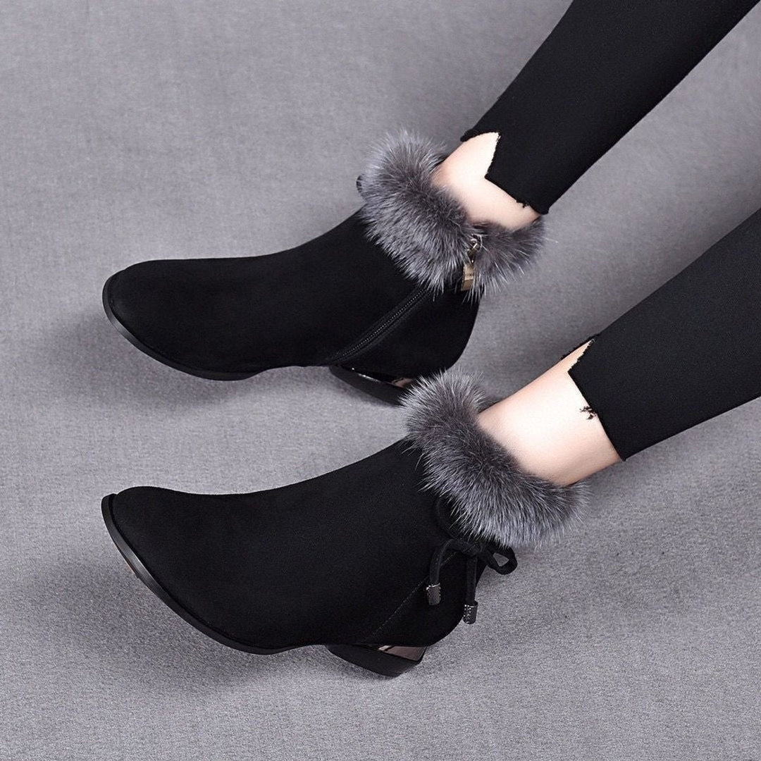 Damen Orthopädische Wildleder Ankle Boots mit Kunstfell und Rutschfester Sohle 0