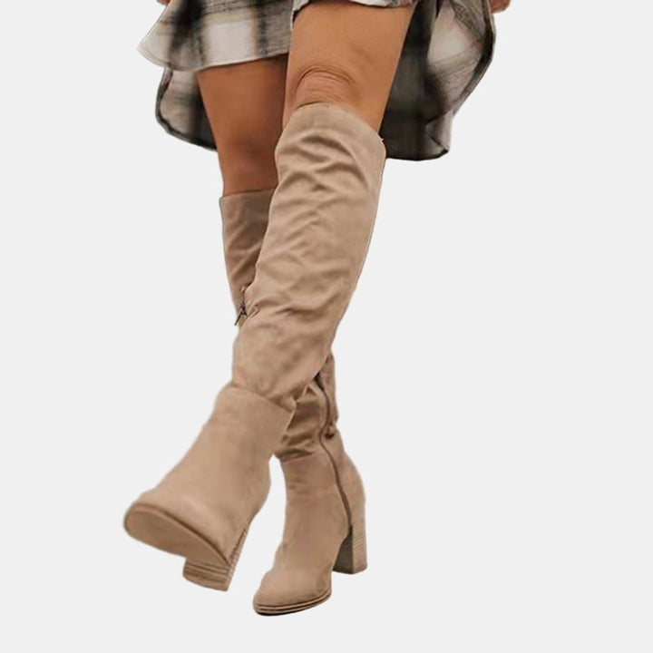Damen Overknee-Stiefeletten mit stabilem Blockabsatz und seitlichem Reißverschluss 0