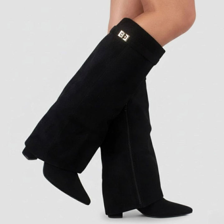 Damen Overknee Stiefel mit Schnalle und spitzem Blockabsatz für elegante Looks 0