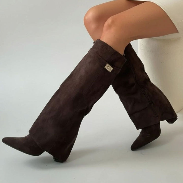 Damen Overknee Stiefel mit Schnalle und spitzem Blockabsatz für elegante Looks 7