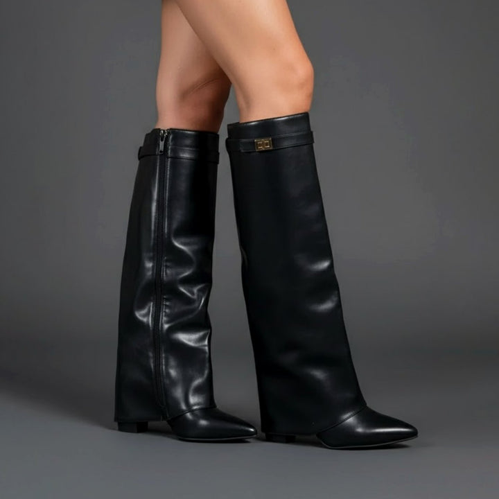 Damen Overknee Stiefel mit Schnalle und spitzem Blockabsatz für elegante Looks 9