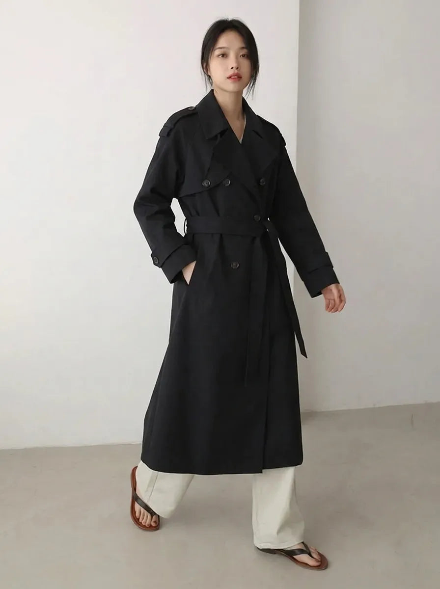 Damen Oversize-Trenchcoat in Maxilänge mit Taillengürtel und Epauletten 1