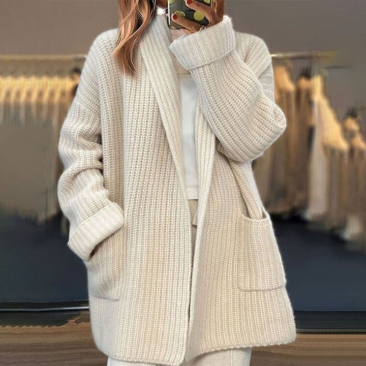 Damen Oversize Strick-Cardigan mit V-Ausschnitt und Taschen für Herbst und Winter 0