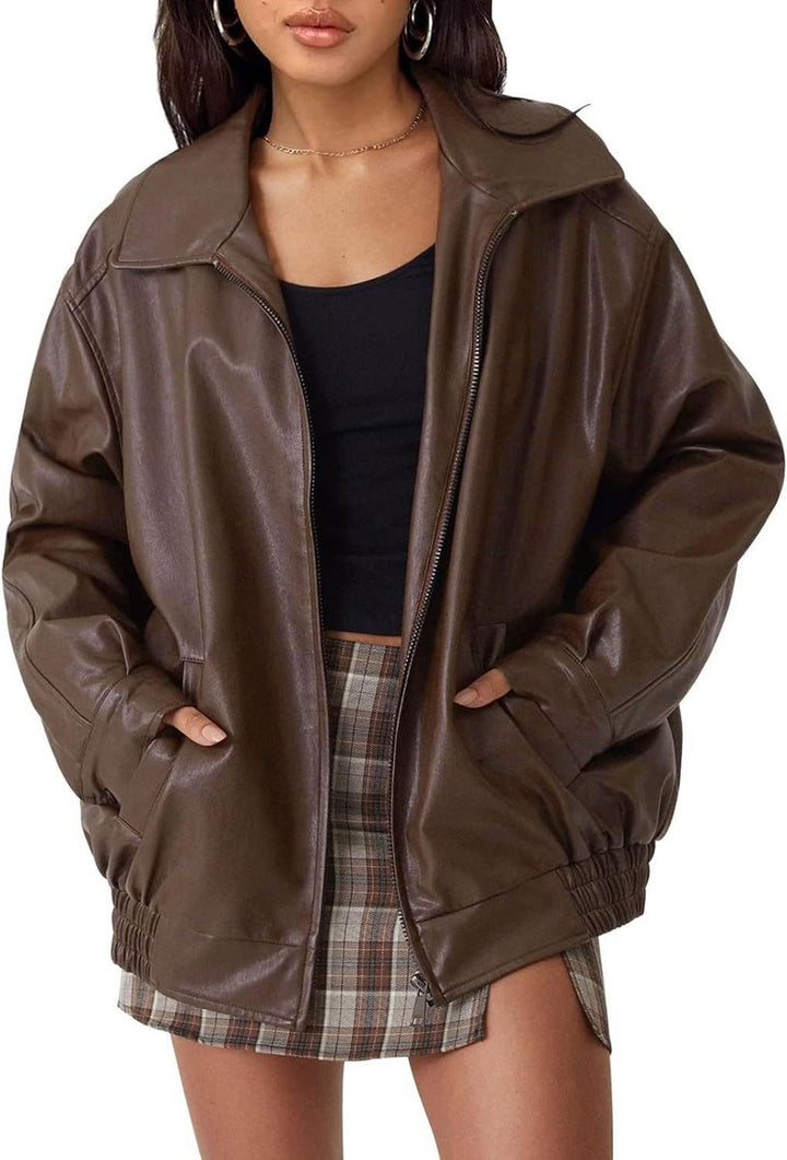 Damen Oversized Bomberjacke Kunstleder mit Reißverschluss und elastischem Saum 0