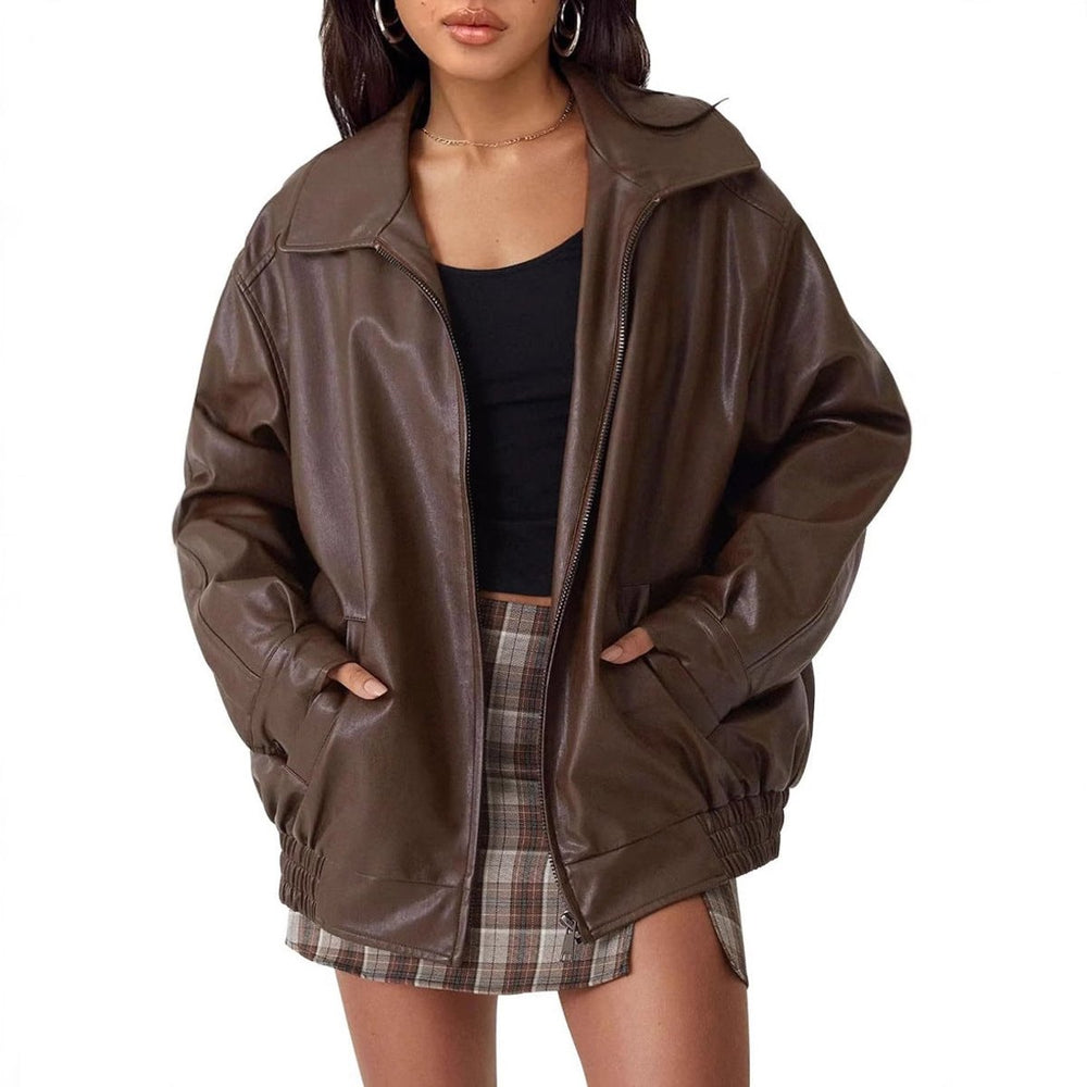 Damen Oversized Bomberjacke Kunstleder mit Reißverschluss und elastischem Saum 1