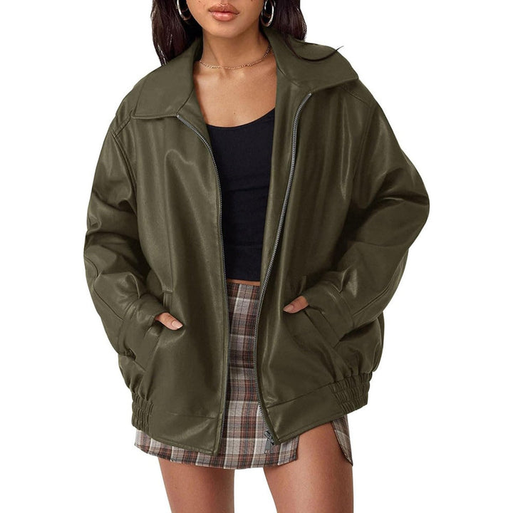 Damen Oversized Bomberjacke Kunstleder mit Reißverschluss und elastischem Saum 2