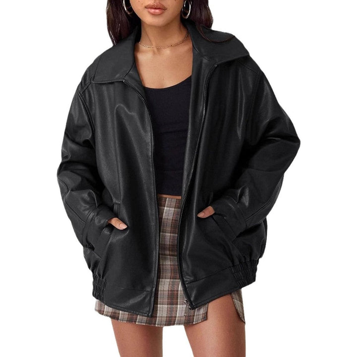 Damen Oversized Bomberjacke Kunstleder mit Reißverschluss und elastischem Saum 4