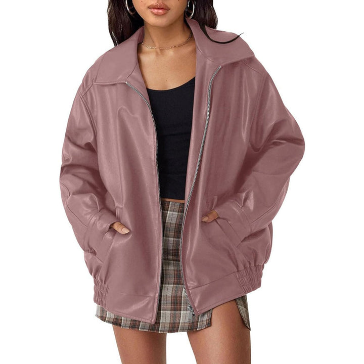 Damen Oversized Bomberjacke Kunstleder mit Reißverschluss und elastischem Saum 7
