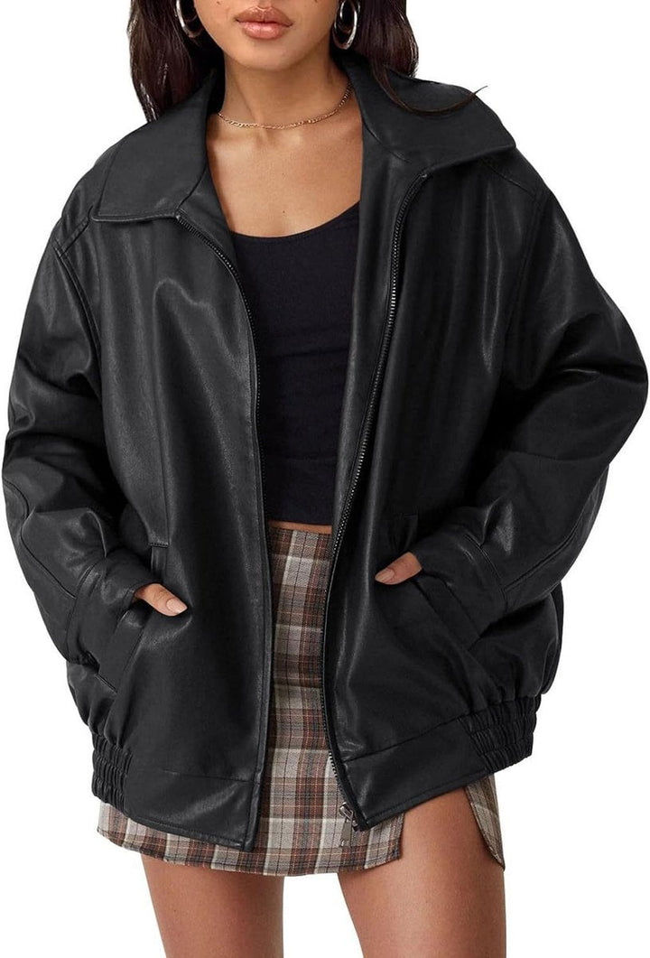 Damen Oversized Bomberjacke Kunstleder mit Reißverschluss und elastischem Saum 8