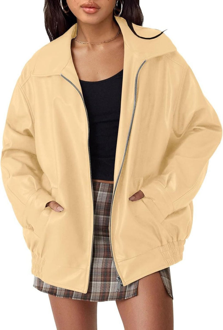 Damen Oversized Bomberjacke Kunstleder mit Reißverschluss und elastischem Saum 9