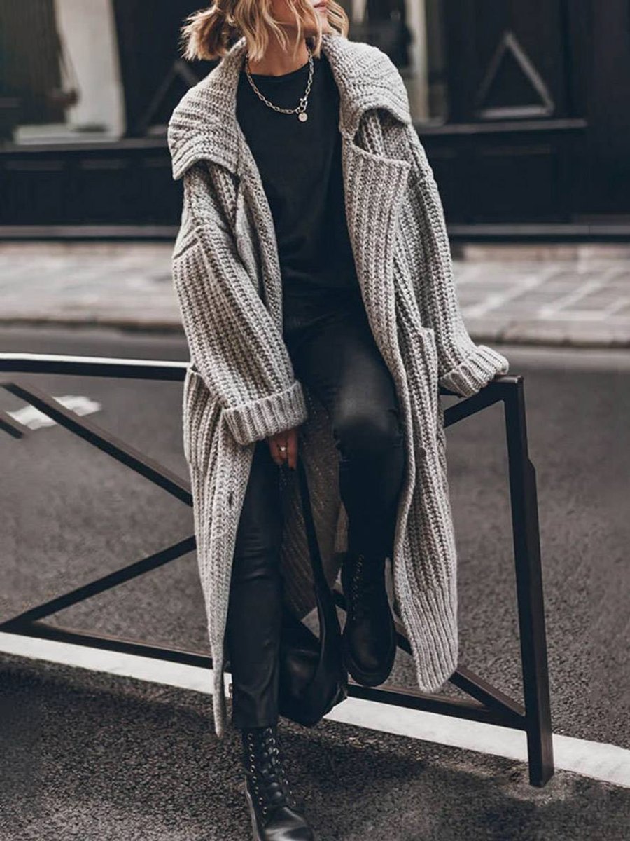 Damen Oversized Grobstrick-Cardigan mit Revers und Knöpfen für Herbst und Winter 0