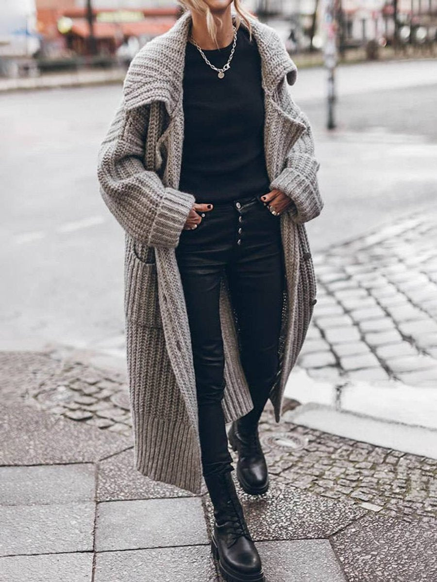 Damen Oversized Grobstrick-Cardigan mit Revers und Knöpfen für Herbst und Winter 1