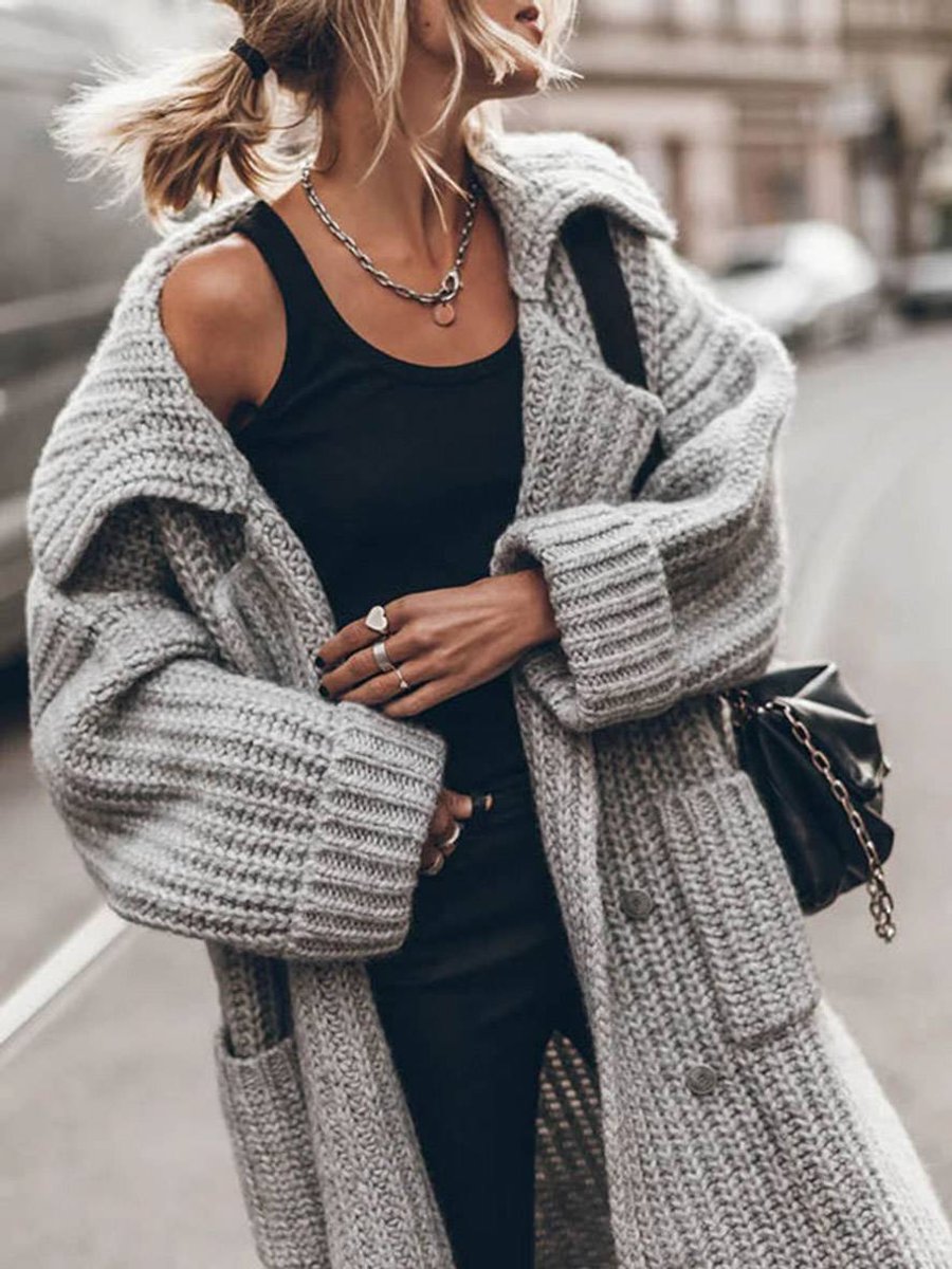 Damen Oversized Grobstrick-Cardigan mit Revers und Knöpfen für Herbst und Winter 3