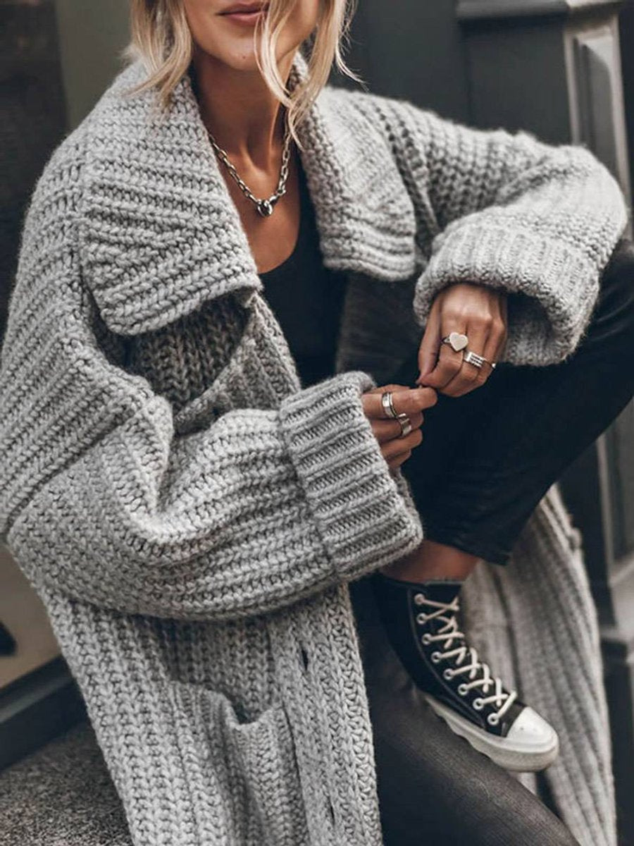 Damen Oversized Grobstrick-Cardigan mit Revers und Knöpfen für Herbst und Winter 4