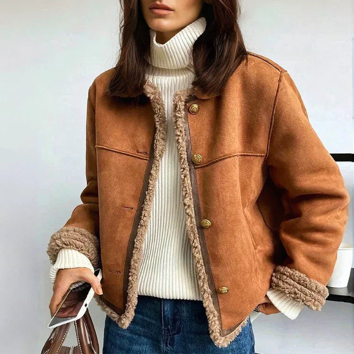 Damen Oversized Kunstschaffell-Jacke mit Sherpa-Futter und Knopfleiste für Herbst und Winter 0