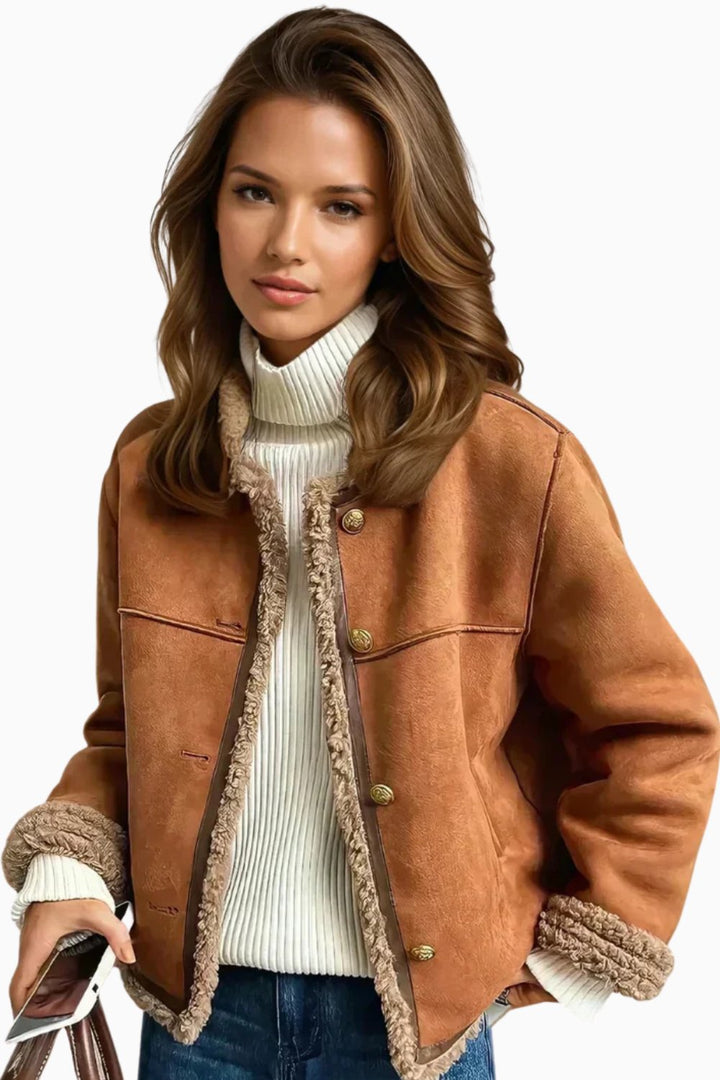 Damen Oversized Kunstschaffell-Jacke mit Sherpa-Futter und Knopfleiste für Herbst und Winter 2