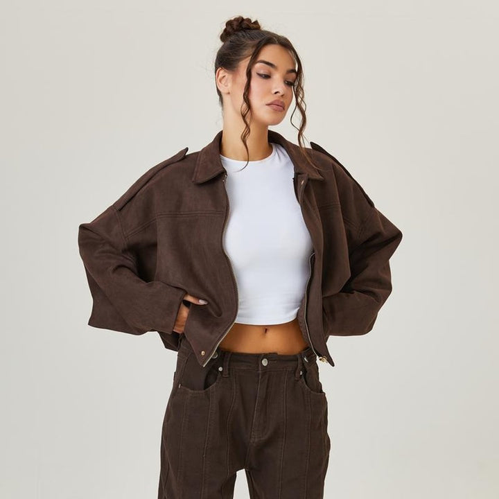 Damen Oversized Kurzgeschnittene Bomberjacke mit Vintage-Look und weichem Kunstwildleder 0