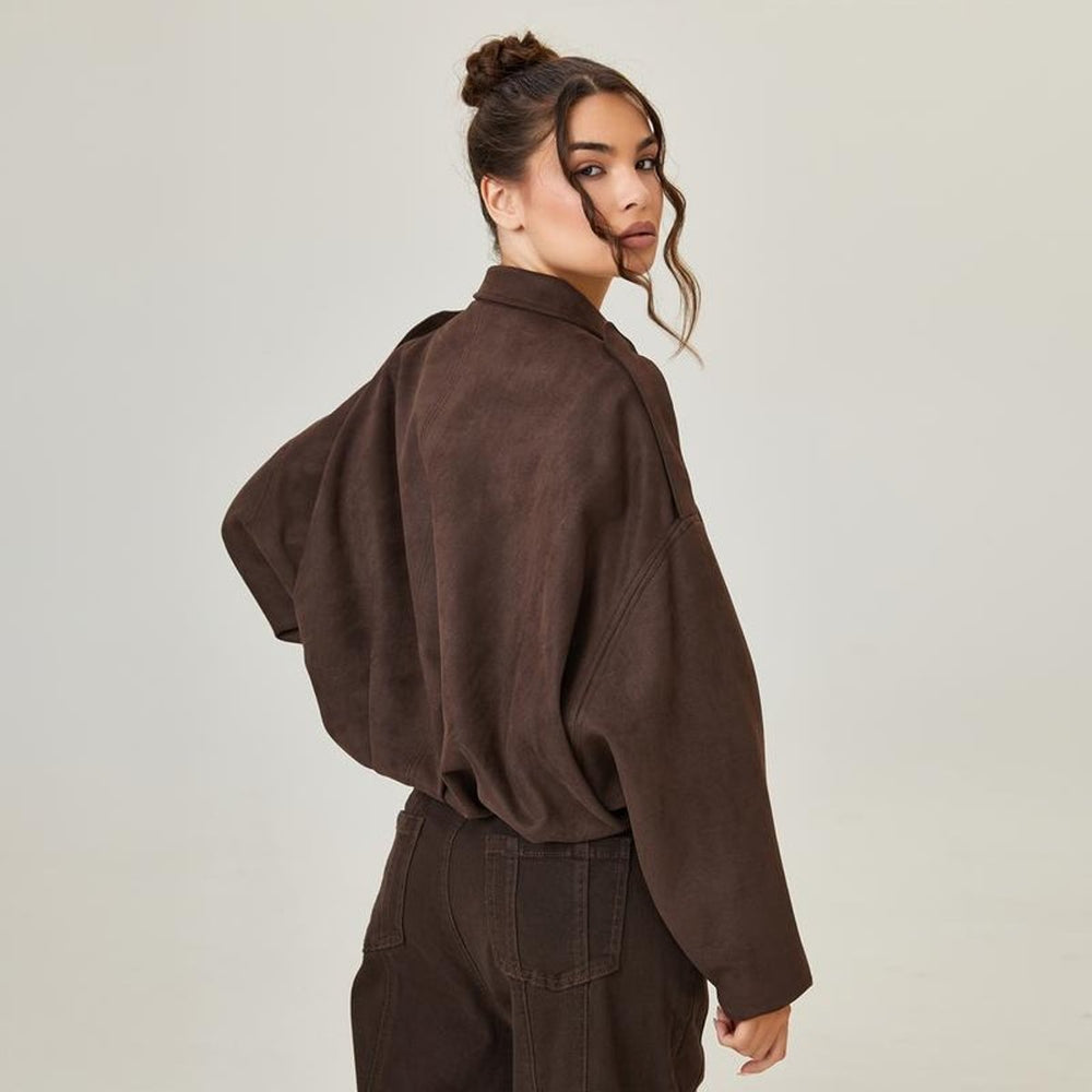 Damen Oversized Kurzgeschnittene Bomberjacke mit Vintage-Look und weichem Kunstwildleder 1
