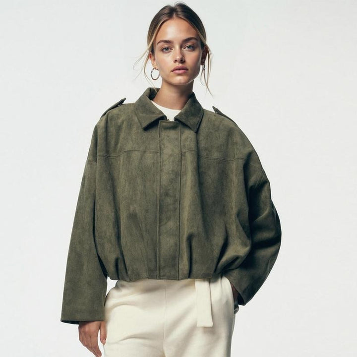 Damen Oversized Kurzgeschnittene Bomberjacke mit Vintage-Look und weichem Kunstwildleder 5
