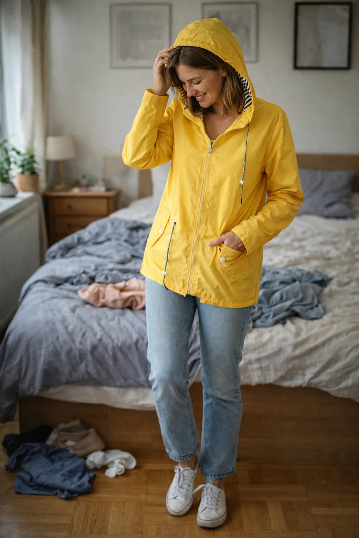Damen Regenjacke mit langen Ärmeln, Kapuze und Taschen 0