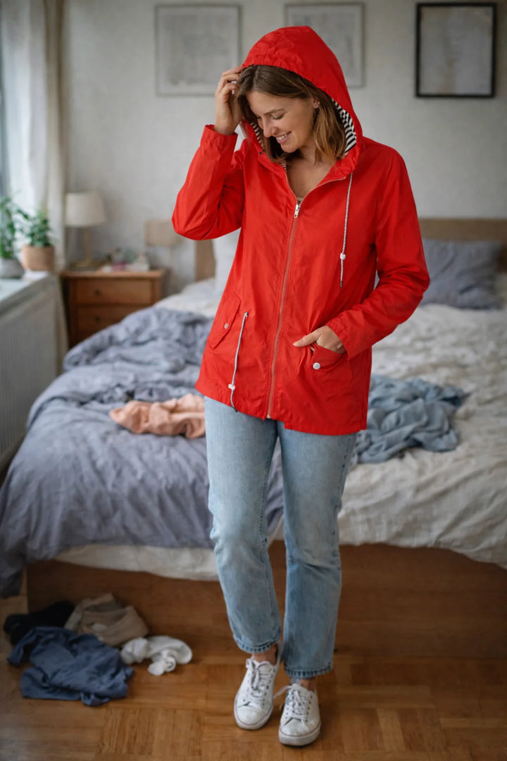 Damen Regenjacke mit langen Ärmeln, Kapuze und Taschen 4